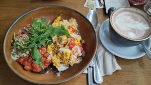 Breakfast: Half baked beans and half scrambled tofu, with soy milk cappuccino at Cornucopia in Dublin