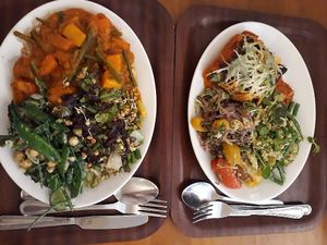 Enchiladas and vegetable curry with salads at Cornucopia in Dublin