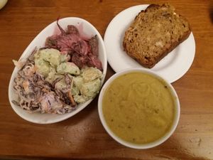 Lunch Deal - Soup with choice of three salads, slice of bread and pate. Vegan. at Cornucopia in Dublin