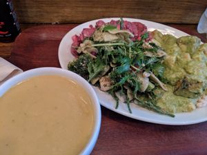 Roasted cauliflower soup; Thai tofu Curry, brown rice, side salads: beet, arugula at Cornucopia in Dublin