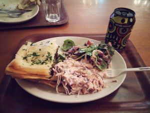 Paff pastry quiche with two salads: coleslaw and a mix or roots and vegetables marinated. at Cornucopia in Dublin
