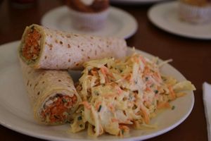 Smoked tofu and daikon wrap, with a side of cole slaw. at Cornucopia in Dublin