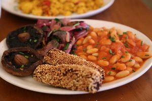Vegan Breakfast:  Beans, Mushrooms, Onions, and 'Sausages' at Cornucopia in Dublin