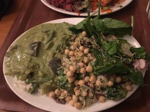 Fricasse - aubergine, spinach and fennel stew with cashew and white wine on rice with chickpea salad at Cornucopia in Dublin