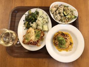 Delicious vegan lasagne, potato pancake, and sides   at Cornucopia in Dublin