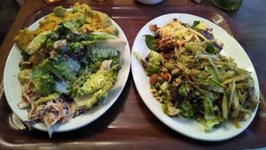 Curry mit Salat (links) und Lasagne mit Salat (rechts) at Cornucopia in Dublin