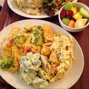 garlic potatoes, slaw, and curry over rice.   at Cornucopia in Dublin