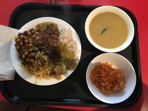 Mung bean soup and plate with a bit of everything  at Govinda's - Aungier St in Dublin