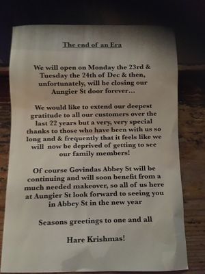 Govindas closing down in December 2019 🙁 at Govinda's - Aungier St in Dublin