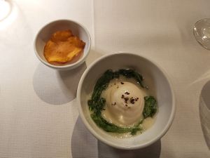 Sweet Potato crisps and a Soup to die for with a Mousse of truffle at Joia Alta Cucina Naturale in Milan