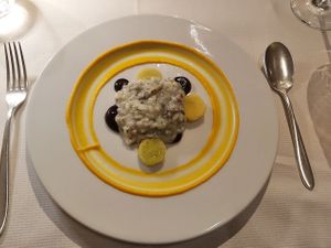 Carrot Püree, fried Turnip, Blueberry Sauce and Mushroom Risotto at Joia Alta Cucina Naturale in Milan