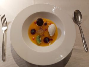 Fruity dessert with Coconut Ice Cream at Joia Alta Cucina Naturale in Milan