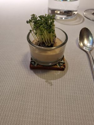 Amuse Bouche: micro greens on jelly base at Joia Alta Cucina Naturale in Milan