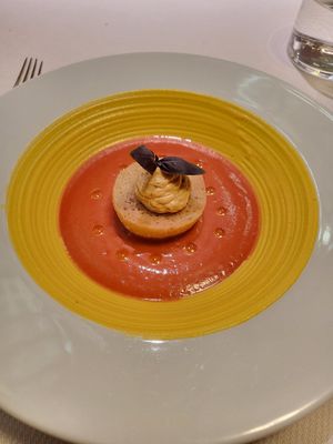 My favorite: tomato and strawberry gazpacho, saffron cream, bread dipped in tomato water, capers, wild fennel at Joia Alta Cucina Naturale in Milan