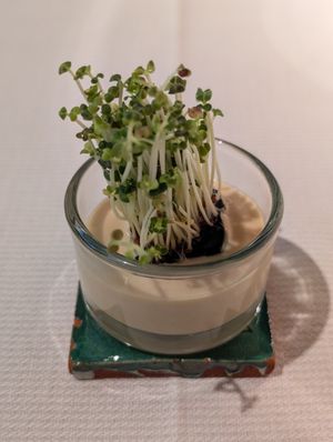 Pre-course taste: miso cream and sprouts in jelly at Joia Alta Cucina Naturale in Milan