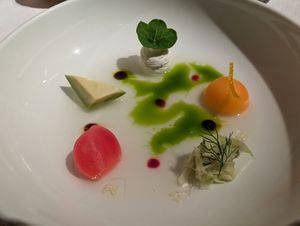 1st course:  nut cream, orange flavored melon, pickled radish, avocado etc at Joia Alta Cucina Naturale in Milan