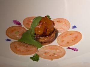 Course 2: Babaganoush encased in crunchy eggplant at Joia Alta Cucina Naturale in Milan