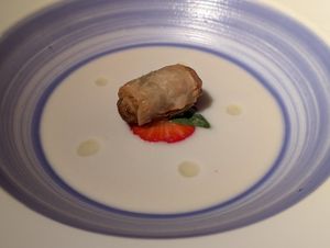 Course 4: lemongrass coconut soup topped with mini spring roll at Joia Alta Cucina Naturale in Milan