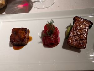 Course 5: house made bean tempeh, red pepper roll, king trumpet mushroom on edamame mousse at Joia Alta Cucina Naturale in Milan