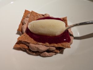 Course 9: chocolate cherry dessert with margarita sorbet at Joia Alta Cucina Naturale in Milan
