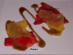 Watermelon crispy appetizer at Joia Alta Cucina Naturale in Milan
