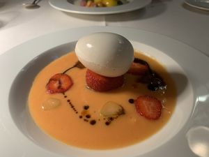 Apparent egg on a melon gazpacho  at Joia Alta Cucina Naturale in Milan