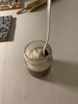 Offered whipped cream and chocolate dessert  at Joia Alta Cucina Naturale in Milan