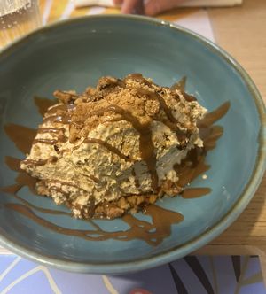 One of the desserts we tried - it was a hazelnut mousse with almond (?)butter drizzle and cookie crumble! HEAVENLY   at Un Ramerino in Florence