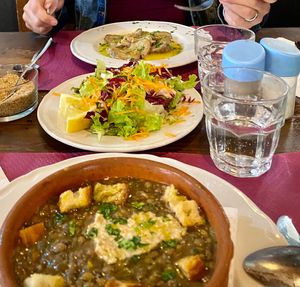 Lentil soup, salad, Saitan in lemon sauce  at Amico Bio - Un Sorriso Integrale in Naples