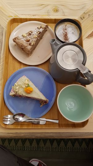 Raw cakes, cappuccino and tea at Sovaga in Toulouse