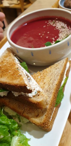 The "Croq" made of vegan cheese and pears, with a beetroot soup. at Sovaga in Toulouse