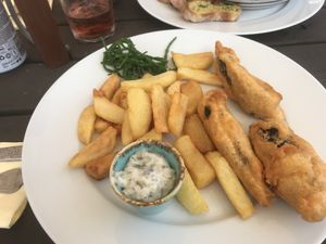 Fishless fish and chips  at VeGee Deli in Lowestoft
