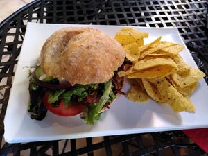 Bocadillo with pulled beef, chips/nachos without sauce at Jardin Urbano in Valencia