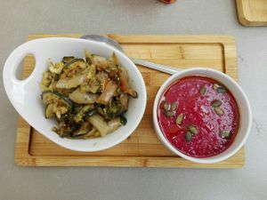 Lunch menu - starters: beetroot-apple cream soup and sauteed teriyaki vegetables! at Jardin Urbano in Valencia