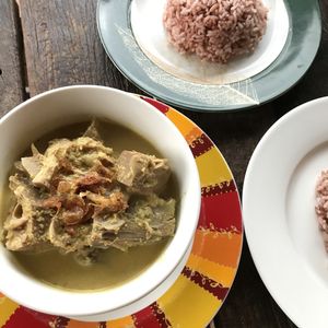 Jackfruit curry with red rice at Puspa's Warung in Ubud