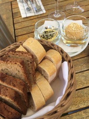 Amuse bouche (hummus on the right, the left is butter, they brought me olive oil)  at GUT LEBEN am Morstein in Westhofen