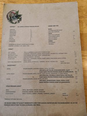 Menu back at Feed the Soul in Cerne Abbas