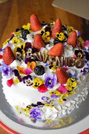 Pastel de tres leches con decoración de flores comestibles  at Veganeria Le Muf in Mexico City