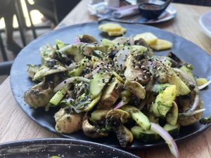 Aguachile..bland. Needed salt & was quite acidic. Spicy. Has potential. Needs work.   at Capuchino Cafe in La Paz