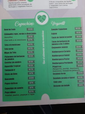The vegan options all consolidated into one place on the menu at Capuchino Cafe in La Paz