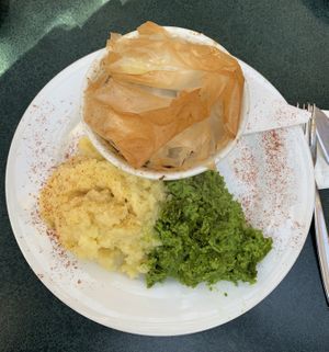 Vegan pie with mushy peas and potato  at The Winemakers Daughter in Te Horo