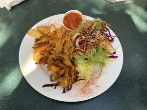 Pumpkin and kumara fritters with chips and salad  at The Winemakers Daughter in Te Horo