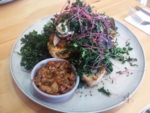 Smashed Pumpkin: this came with sourdough, mushrooms, crispy kale, super seeds and was optionally vegan where they replaced the eggs with jackfruit and feta for macadamia cheese. at Platform 1 Cafe in Ormond