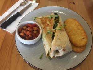 Vegan Breakie Burrito with Hash Browns  at Platform 1 Cafe in Ormond