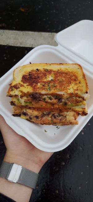 Quesagrilla Toastie with chicken, black beans, hot sauce and guacamole at FacePlant Foods in Edinburgh