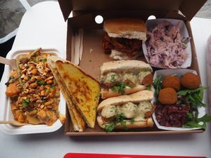 Vegan Munchie Box:
BBQ Jackfruit Roll and Coleslaw, Haggis Balls with rocket and caramelised onion chutney, Haggis Ball Sub with whisky cream sauce, Grilled Cheeze and FacePlant Sweet Potato & Peanut Stew. at FacePlant Foods in Edinburgh