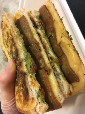 Toastie with pesto, bacon, sundried tomatoes and cheese at FacePlant Foods in Edinburgh