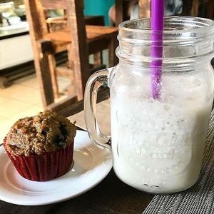 Vegan blueberry muffin and mazapan frappe made with almond milk.  at Velvet Bakery & Coffee in La Paz