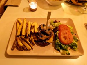 Veggie no-meat burger (no bun on my request). at Voodoo Restaurant in Badajoz