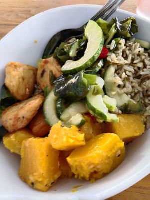 Olive rice, pumpkin, tofu and cucumbers $5.50 at The Crowded Bowl - Republic Polytechnic in North Singapore
